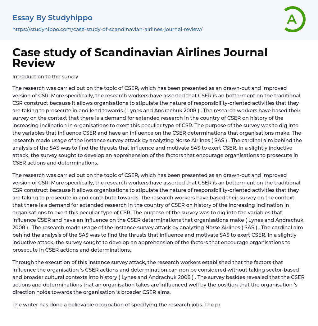 Case study of Scandinavian Airlines Journal Review Essay Example