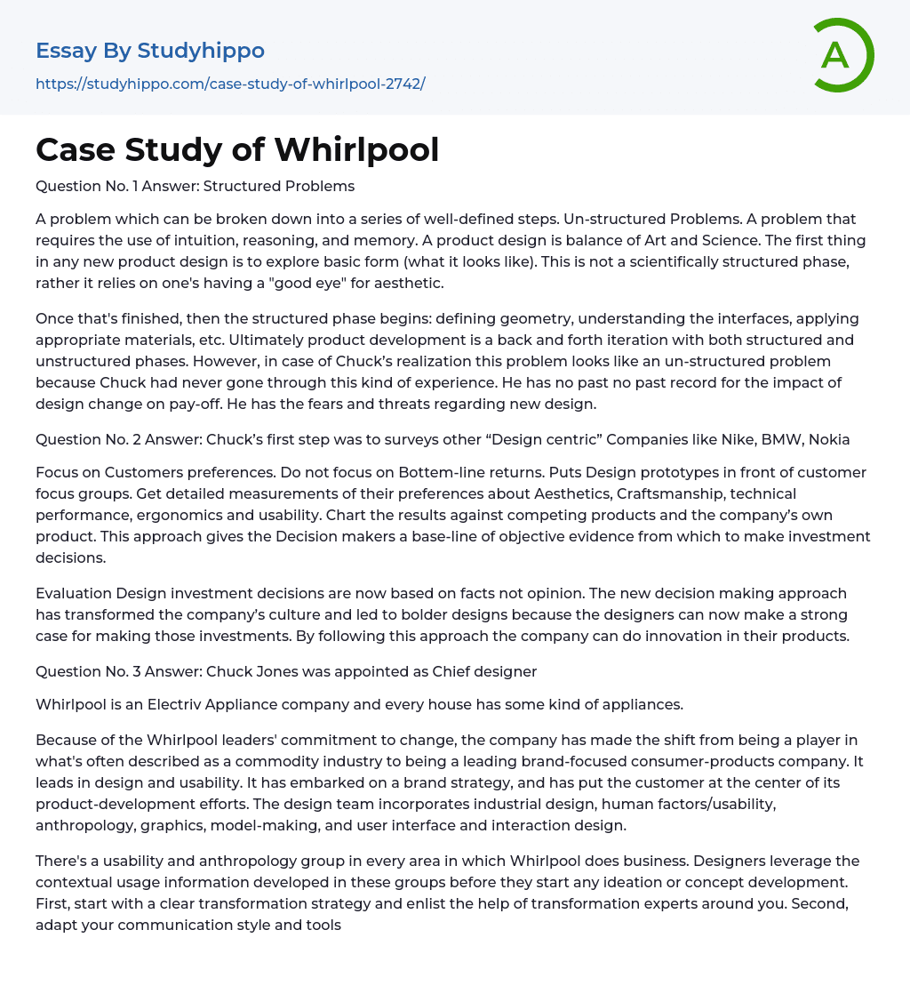 Case Study of Whirlpool Essay Example