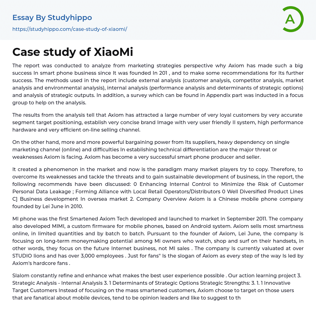 Case study of XiaoMi Essay Example