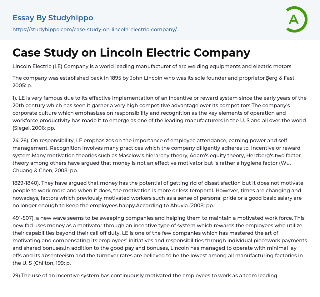 Case Study on Lincoln Electric Company Essay Example