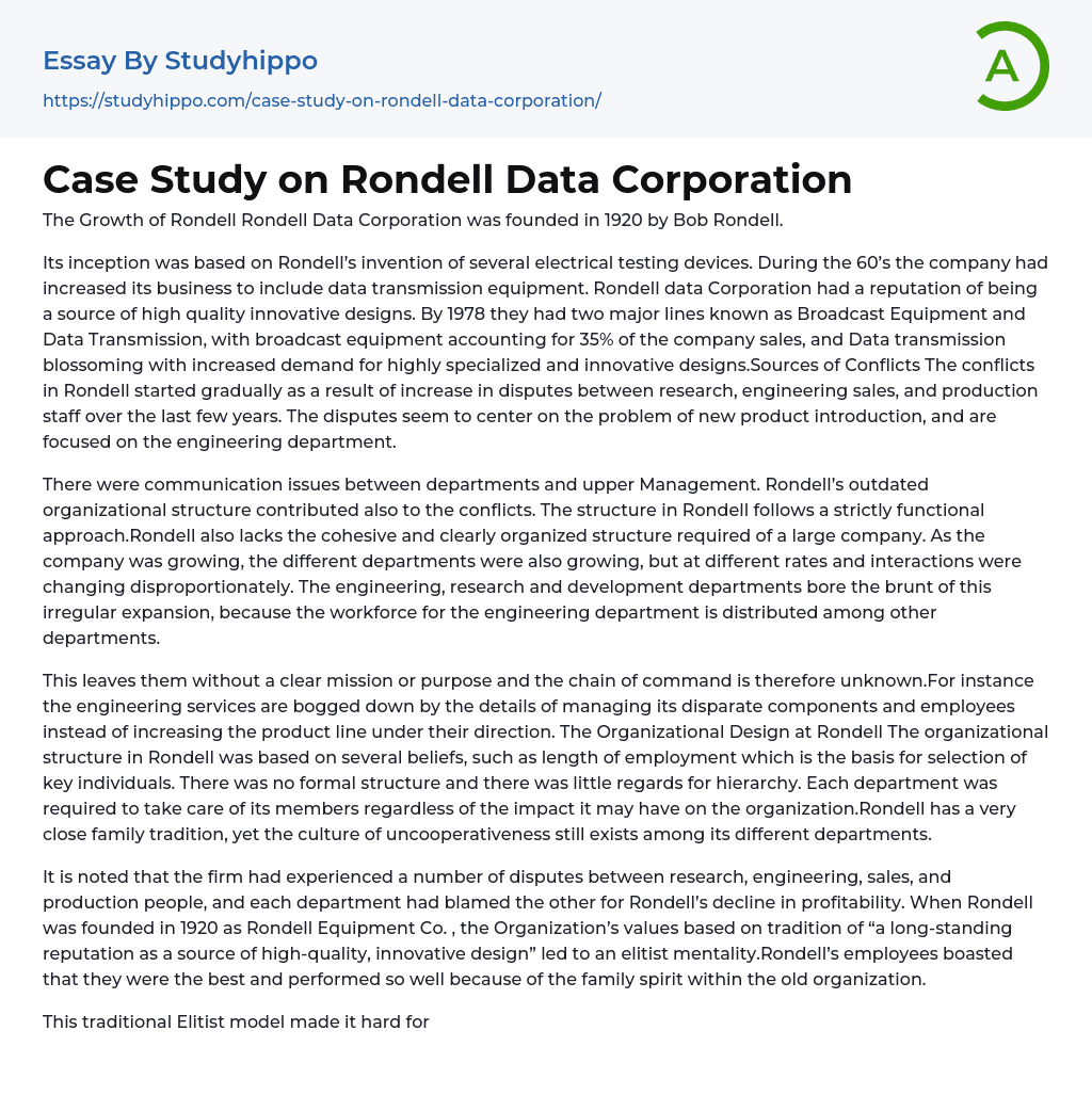 Case Study on Rondell Data Corporation Essay Example