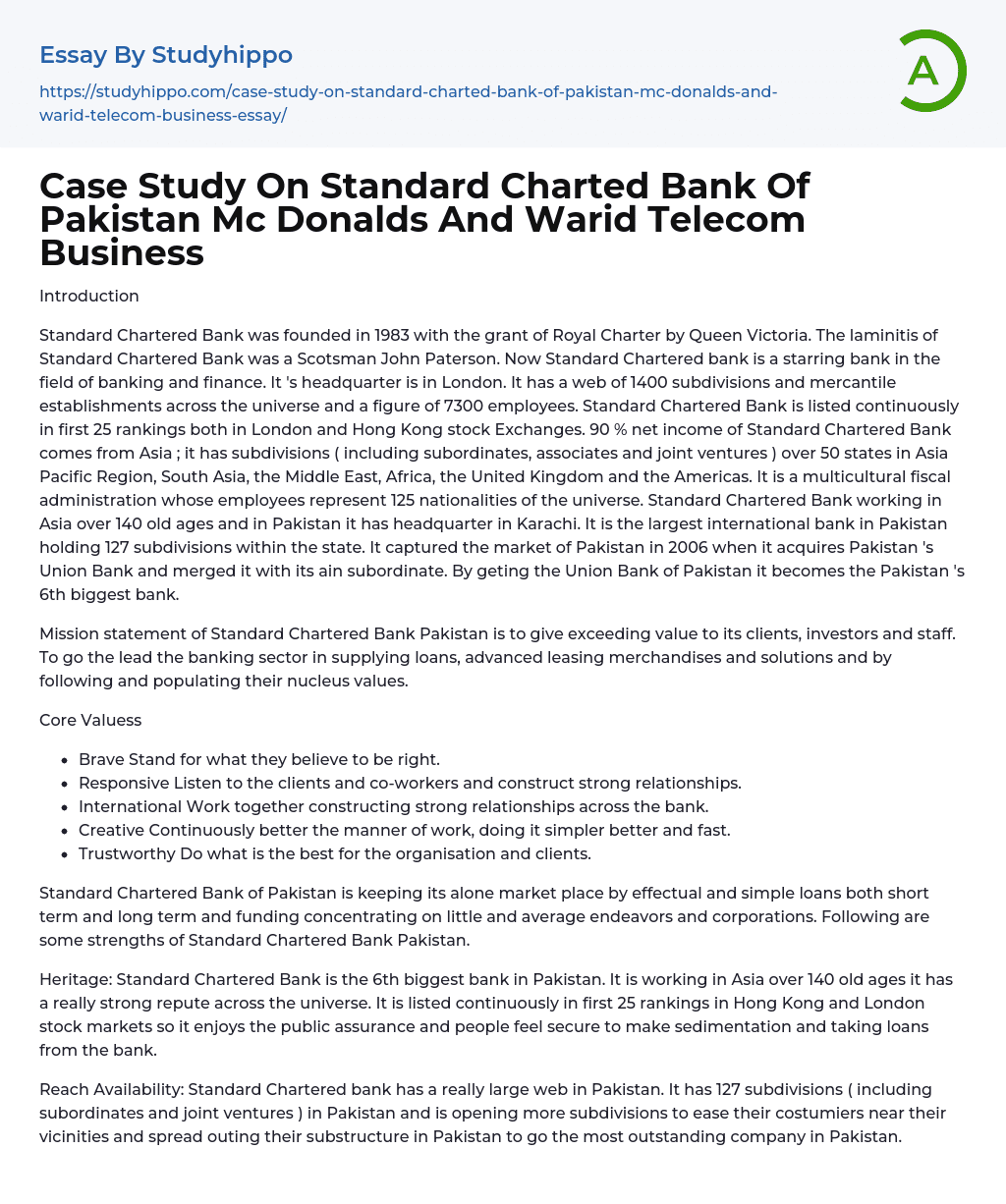 Case Study On Standard Charted Bank Of Pakistan Mc Donalds And Warid Telecom Business Essay Example