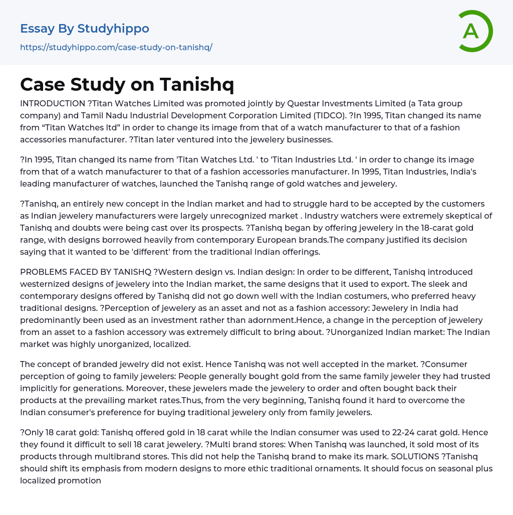 Case Study on Tanishq Essay Example
