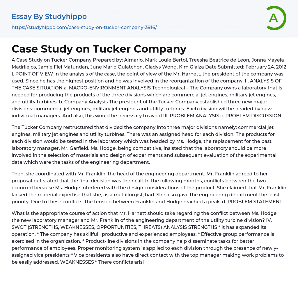 Case Study on Tucker Company Essay Example