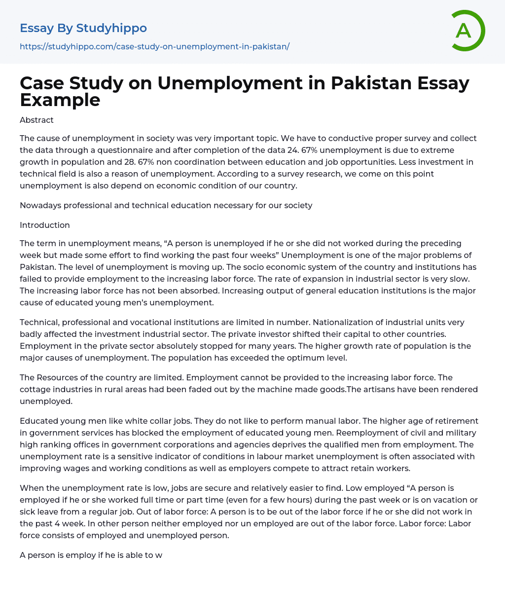 Case Study on Unemployment in Pakistan Essay Example