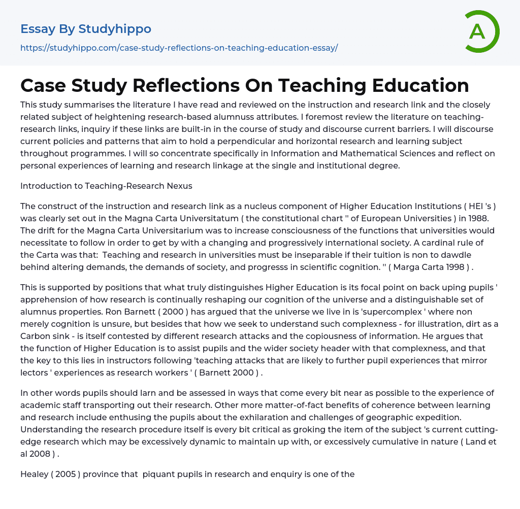 Case Study Reflections On Teaching Education Essay Example