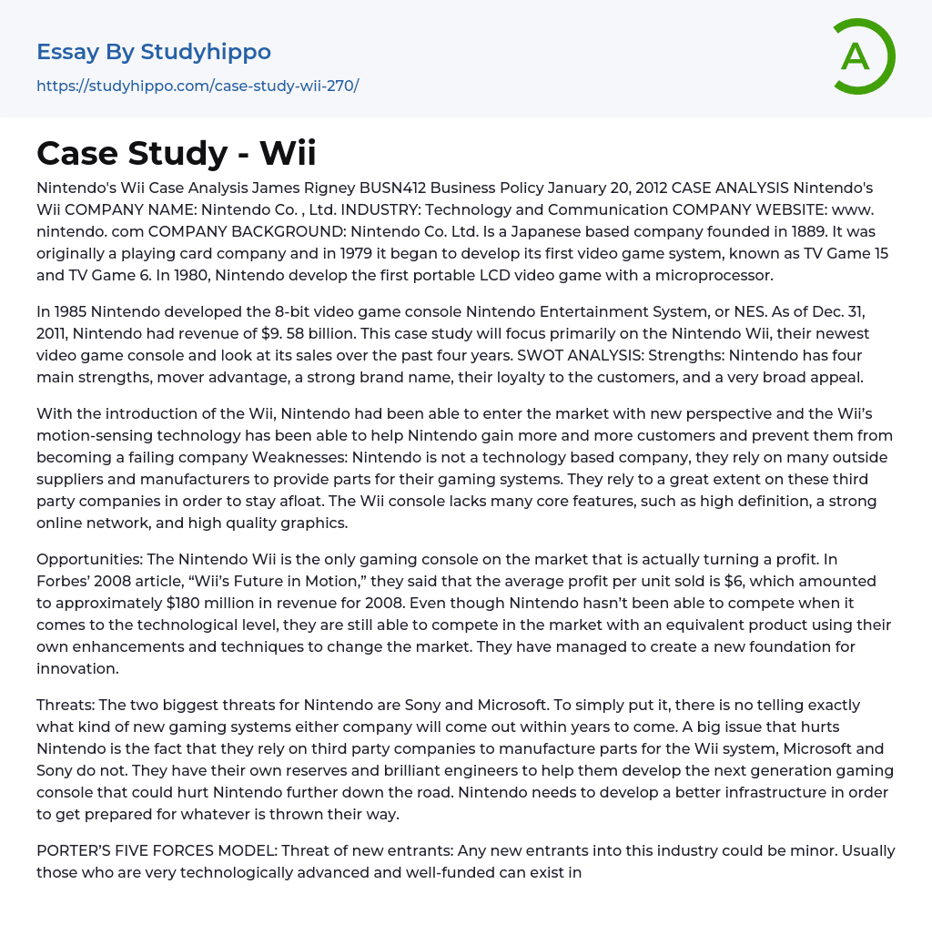 Nintendo’s Wii Case Analysis Essay Example