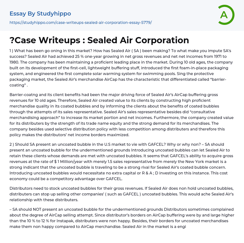 ?Case Writeups : Sealed Air Corporation Essay Example