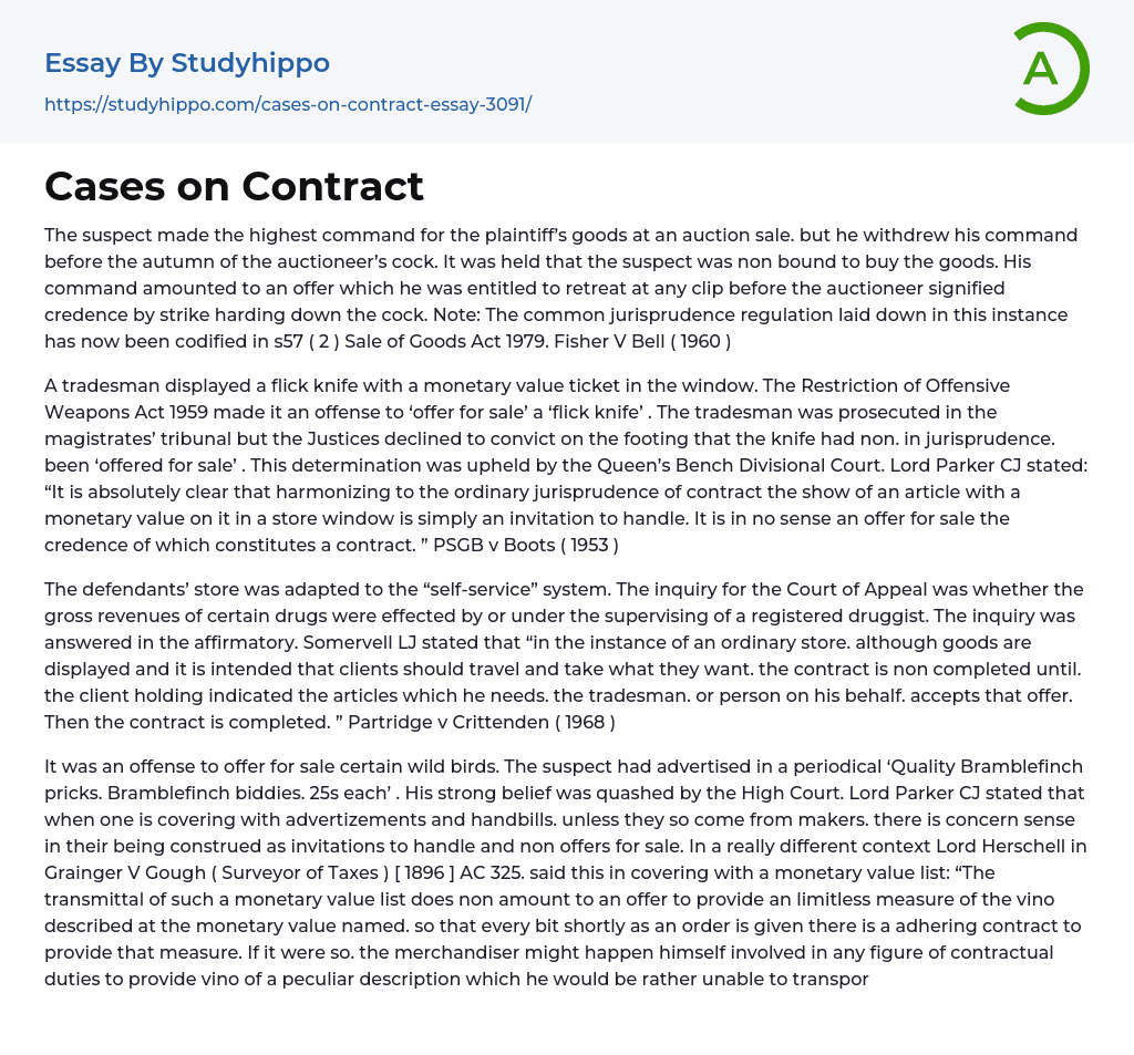 Cases on Contract Essay Example