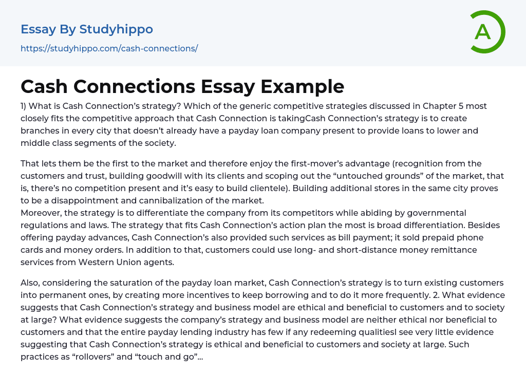 Cash Connections Essay Example