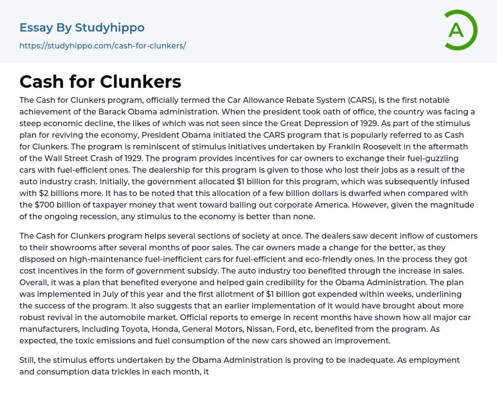 Cash for Clunkers Essay Example