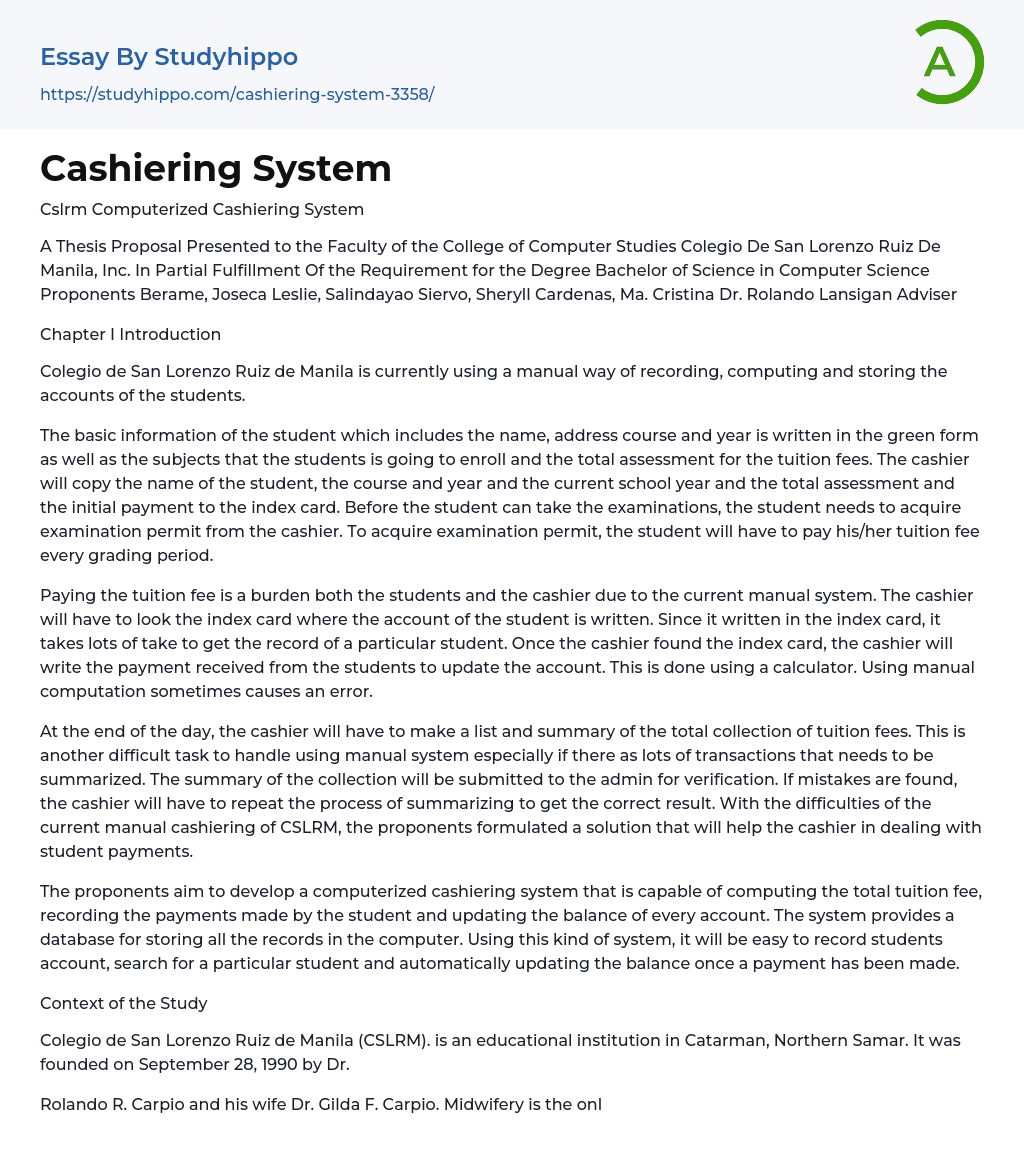 Cashiering System Essay Example