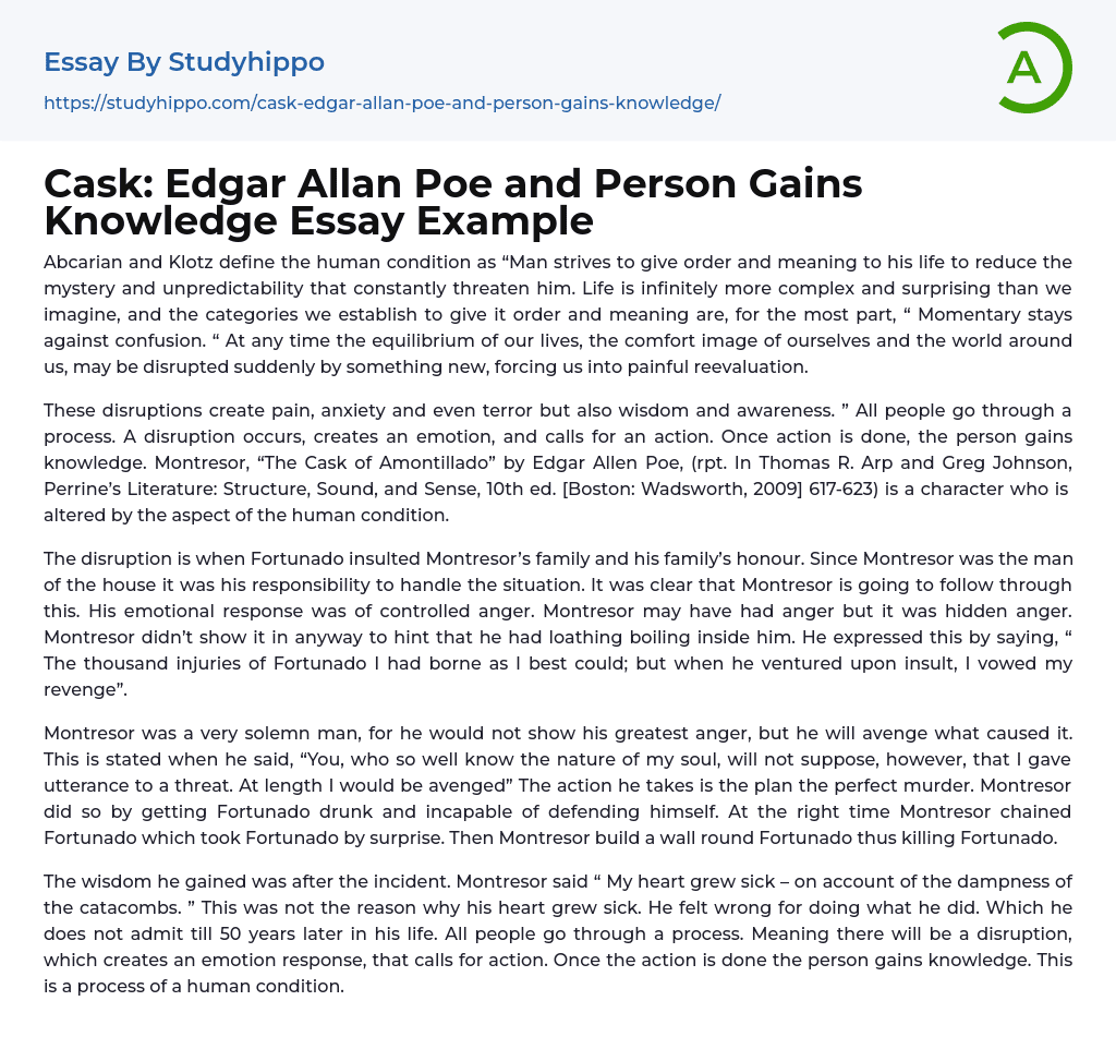 Cask: Edgar Allan Poe and Person Gains Knowledge Essay Example