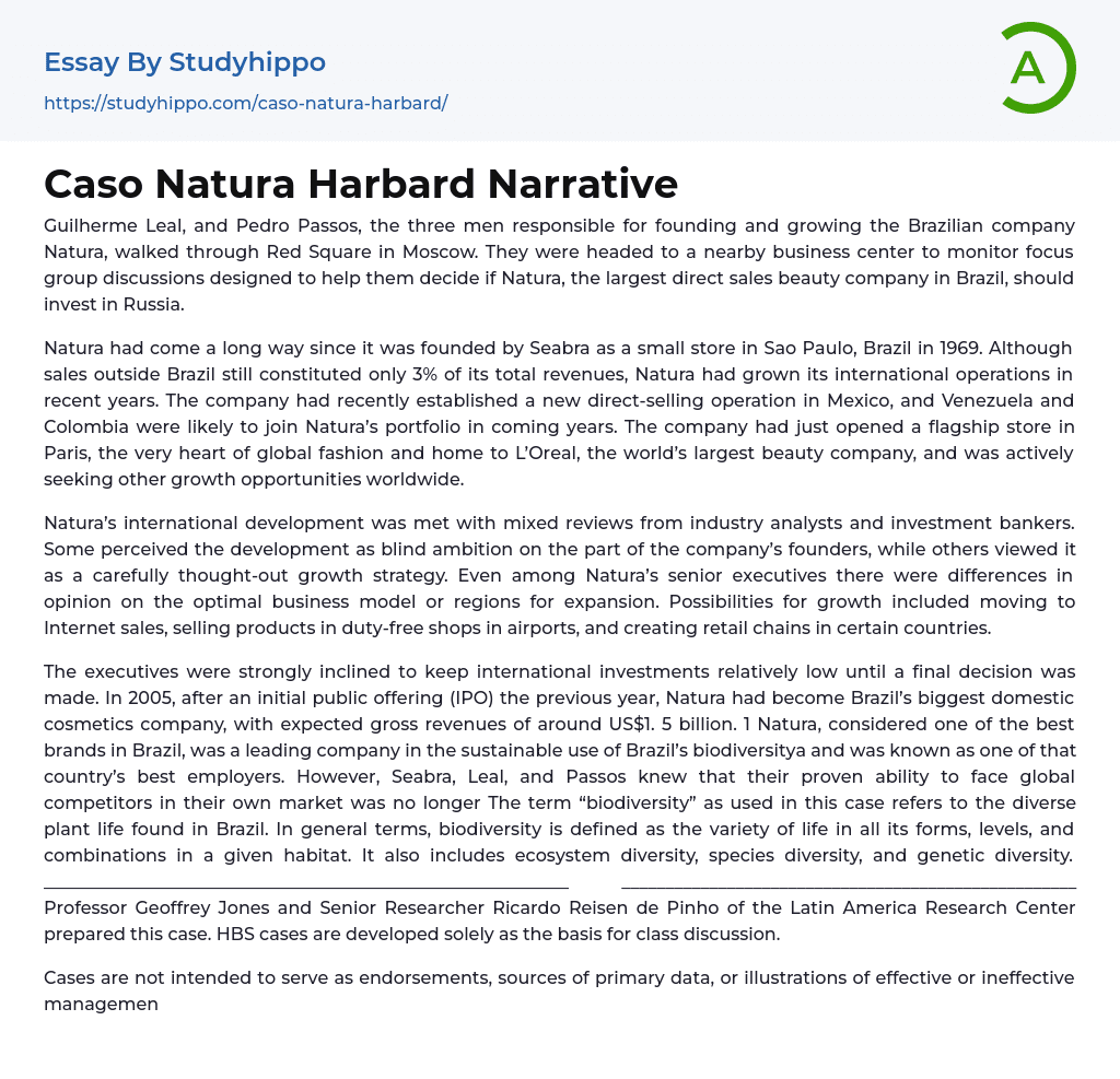 Caso Natura Harbard Narrative Essay Example