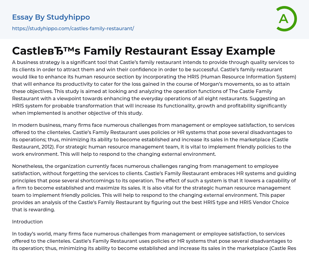 Castle’s Family Restaurant Essay Example