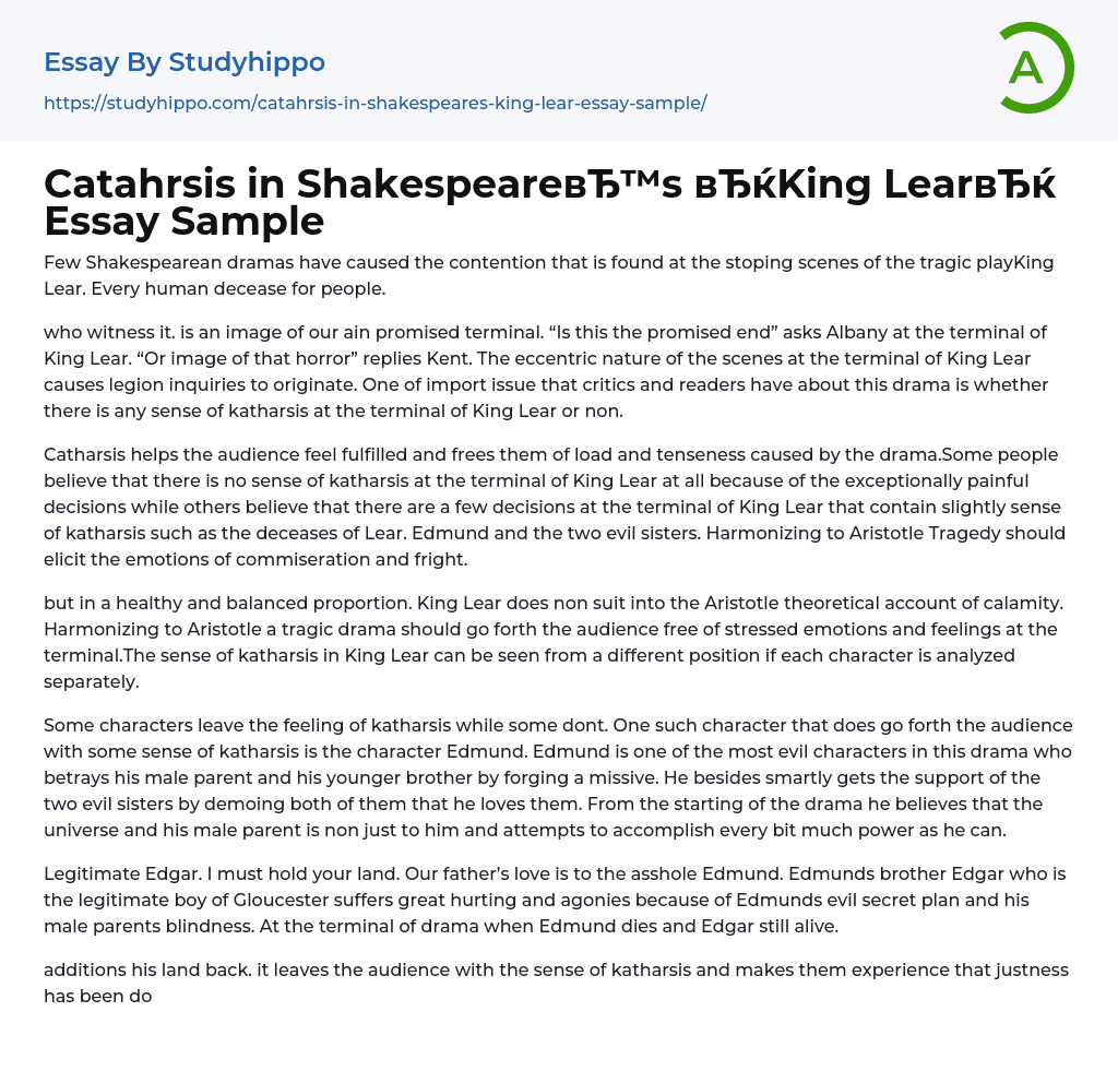 Catahrsis in Shakespeare’s “King Lear” Essay Sample