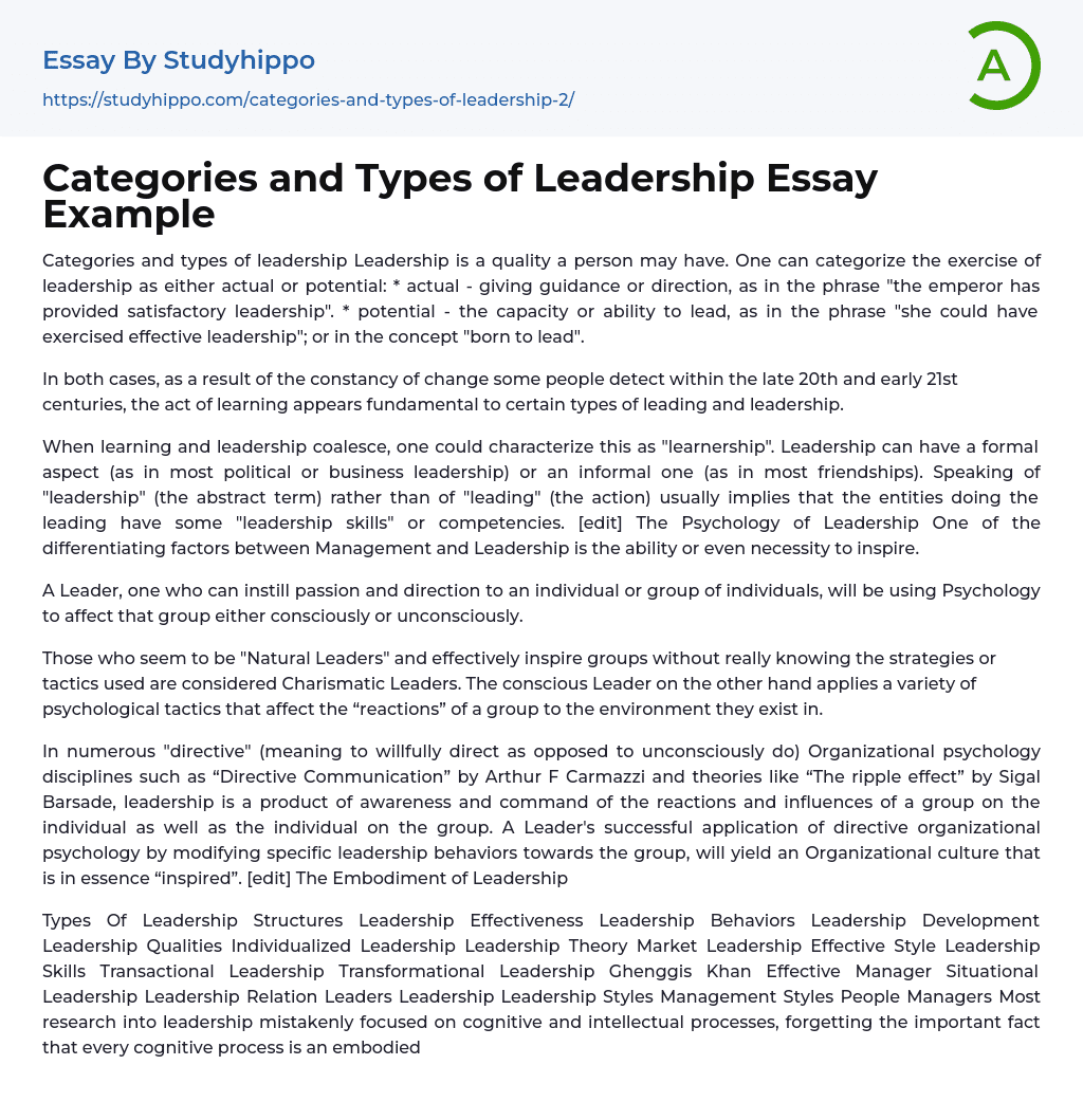 Categories and Types of Leadership Essay Example