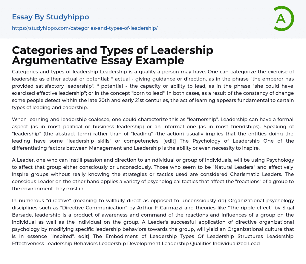 Categories and Types of Leadership Argumentative Essay Example