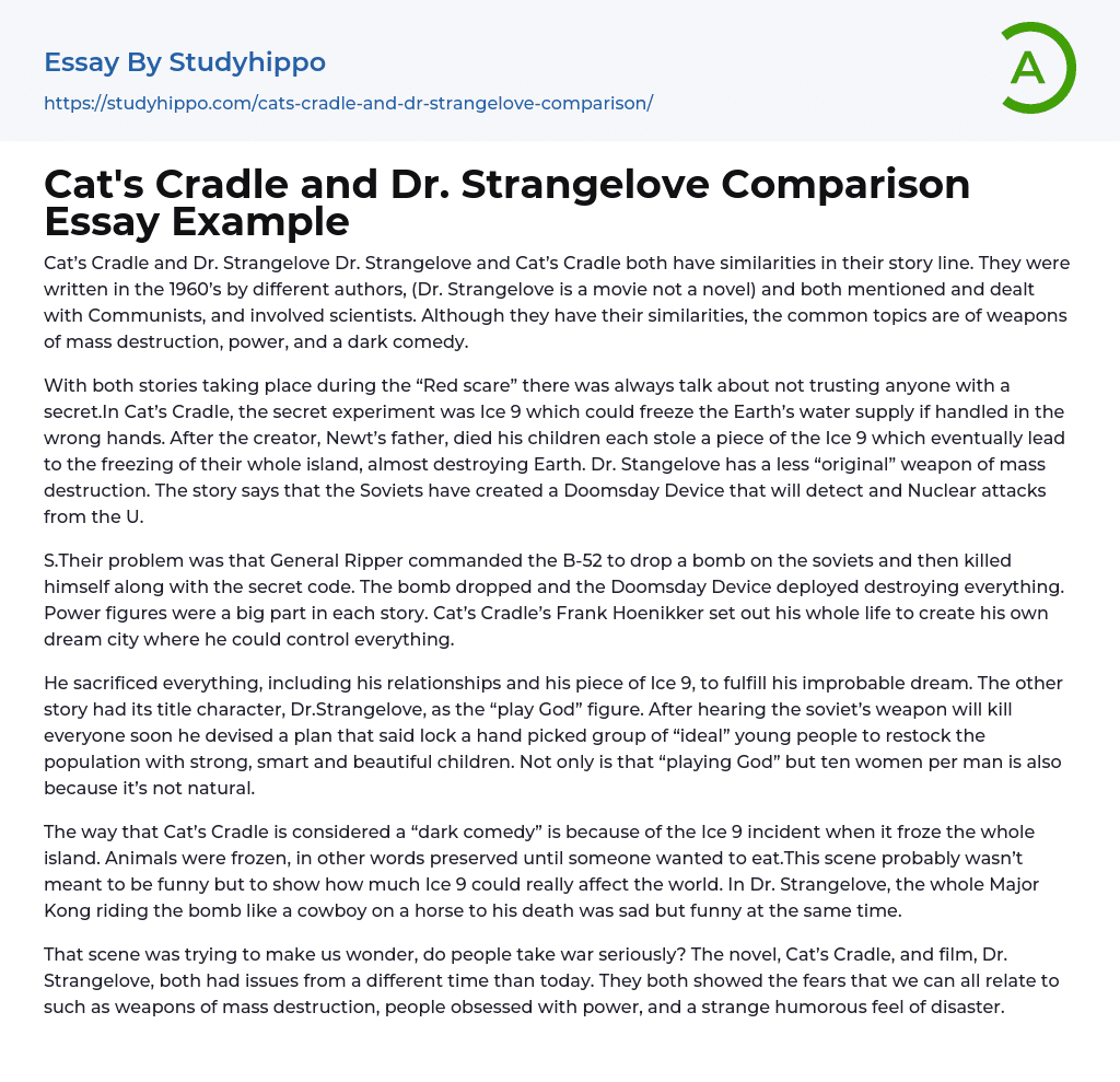 Cat’s Cradle and Dr. Strangelove Comparison Essay Example