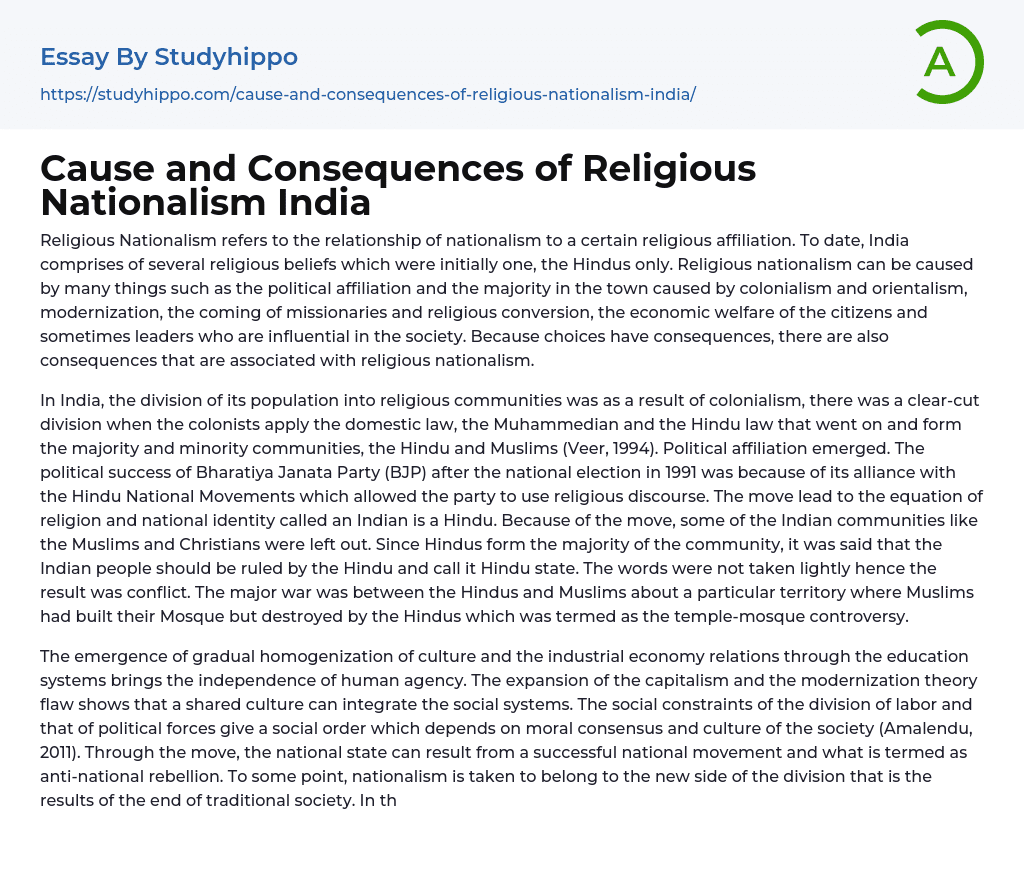 Cause and Consequences of Religious Nationalism India Essay Example