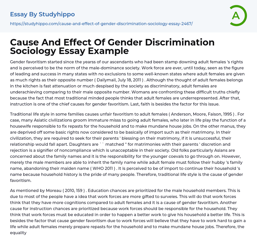 Cause And Effect Of Gender Discrimination Sociology Essay Example