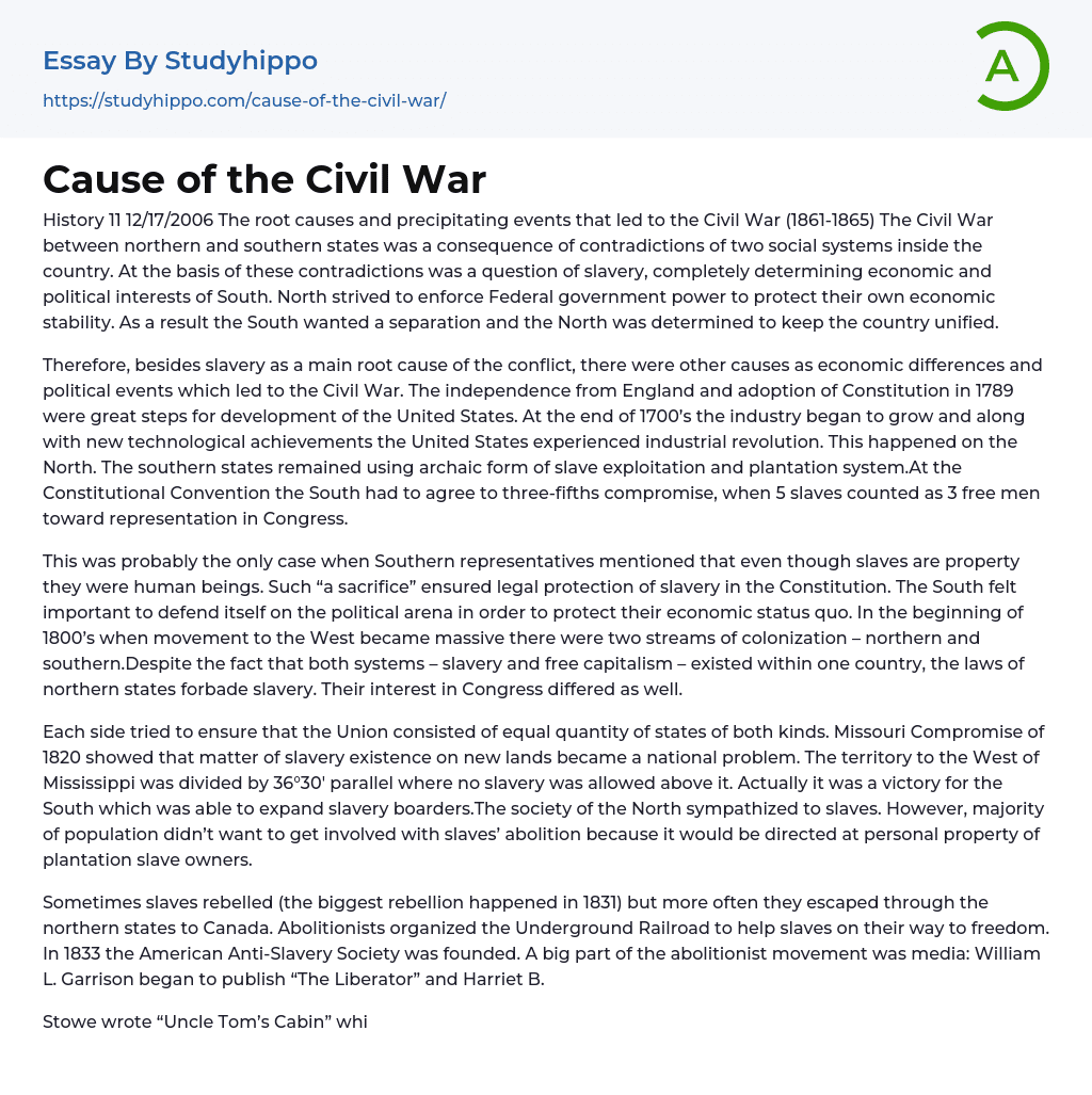 The Root Causes and Precipitating Events That Led to the Civil War Essay Example