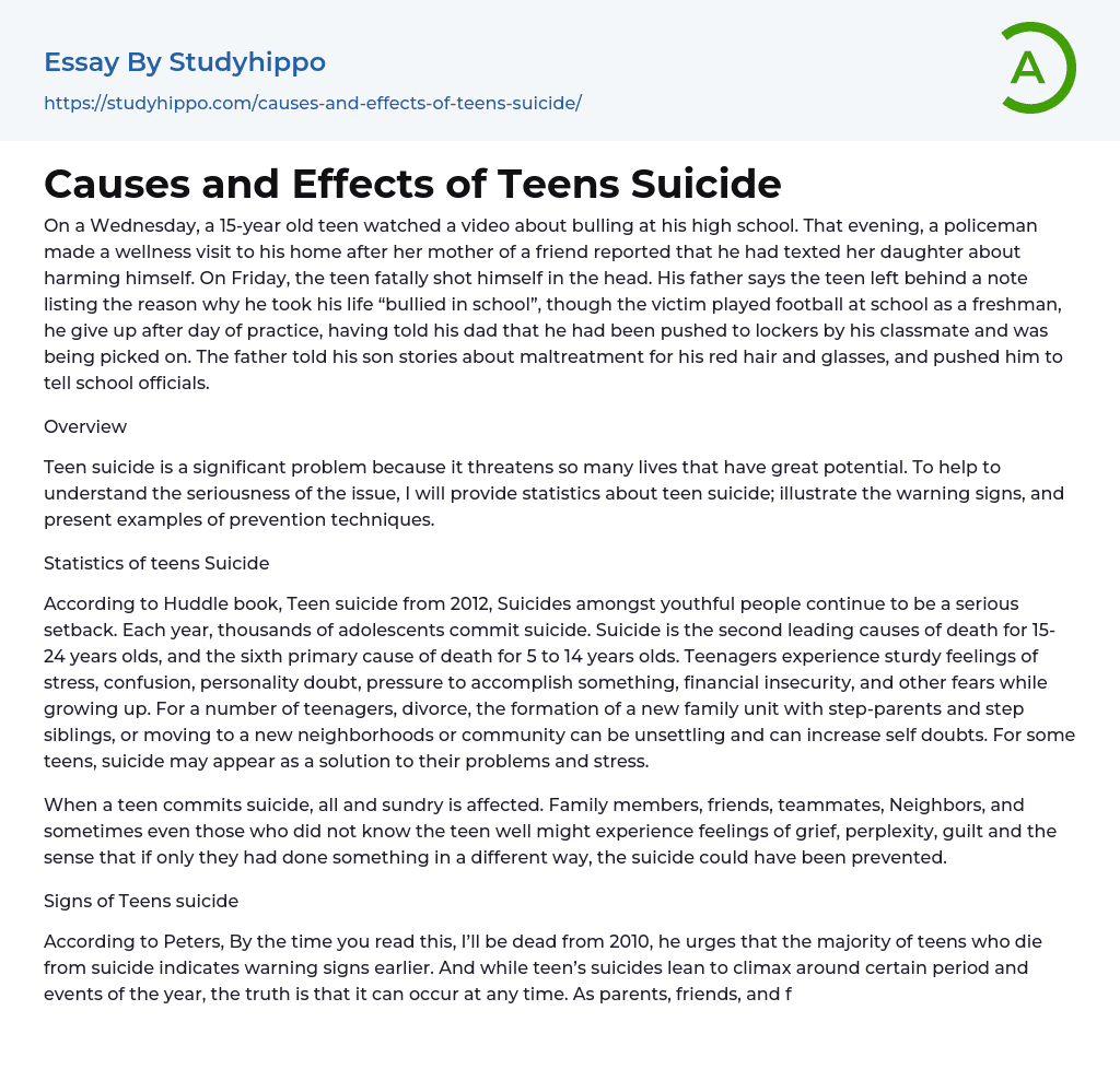 Causes and Effects of Teens Suicide Essay Example