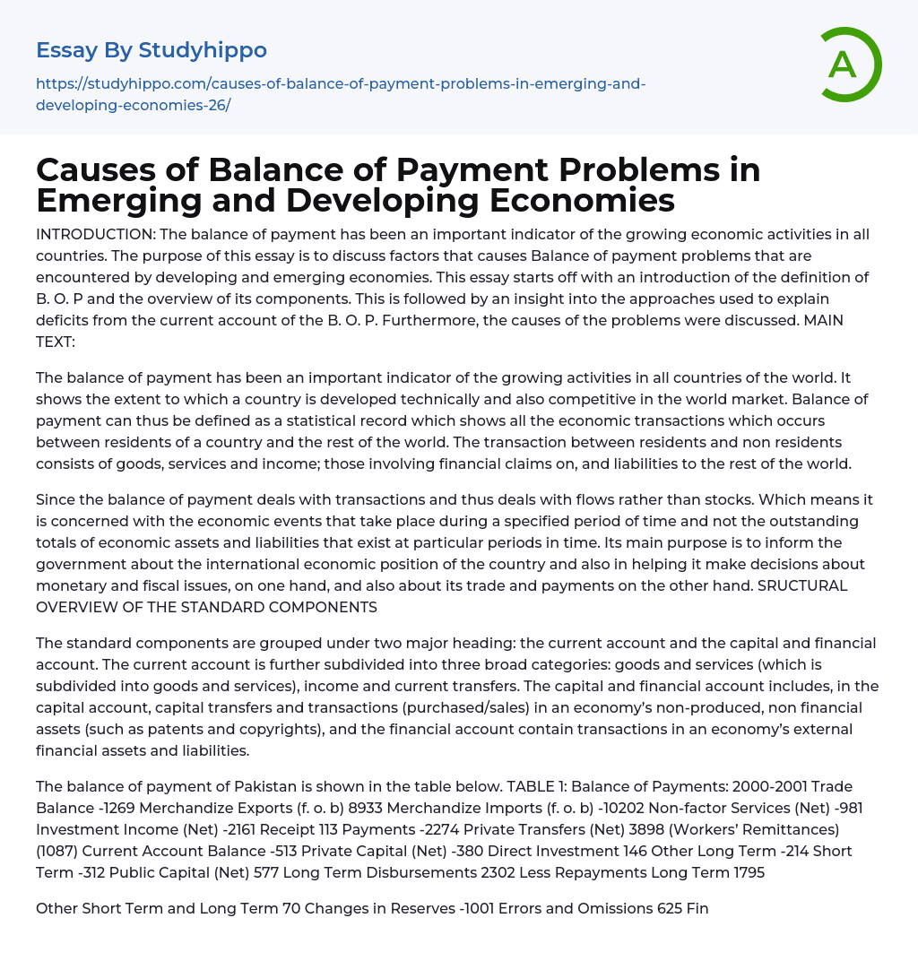 Causes of Balance of Payment Problems in Emerging and Developing Economies Essay Example