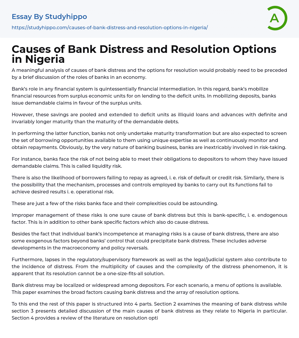 Causes of Bank Distress and Resolution Options in Nigeria Essay Example
