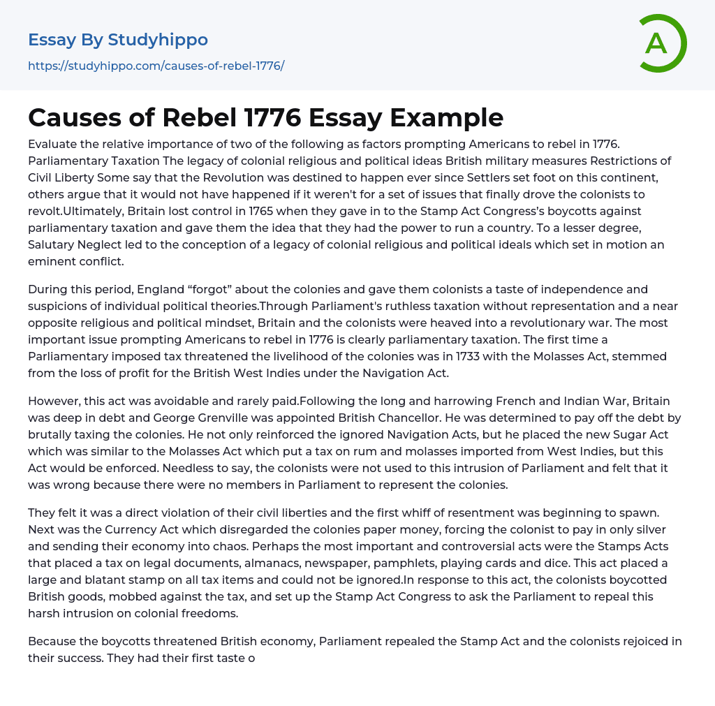 Causes of Rebel 1776 Essay Example