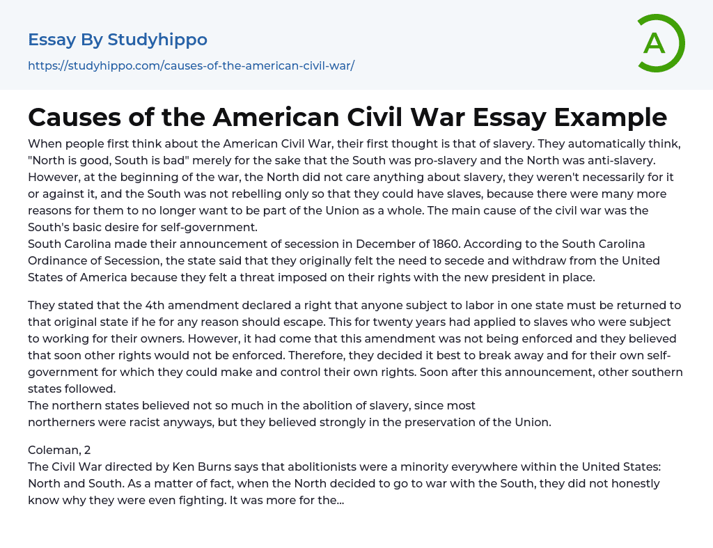Causes of the American Civil War Essay Example