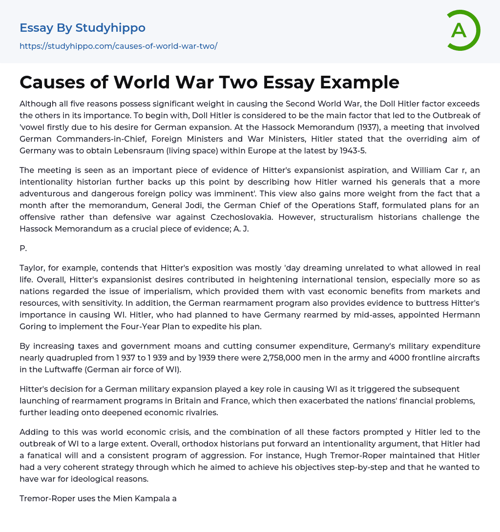Causes of World War Two Essay Example