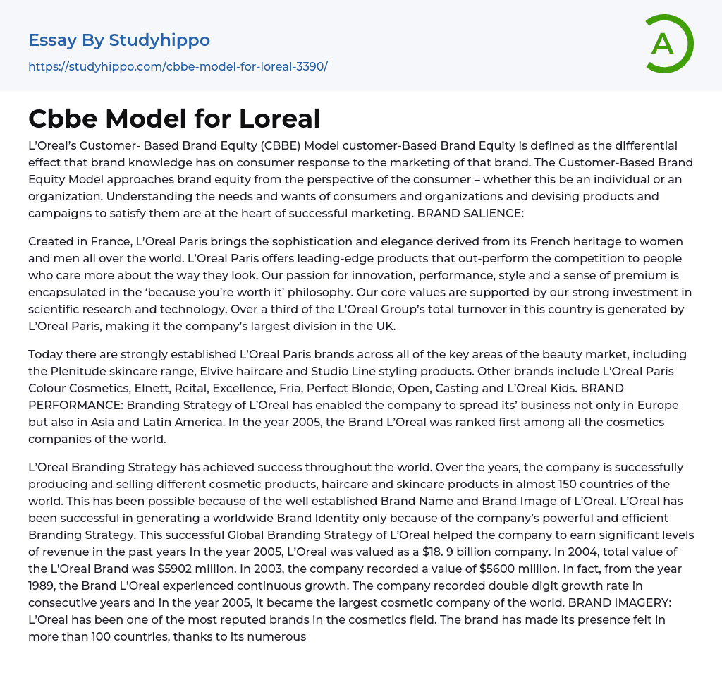 Cbbe Model for Loreal Essay Example