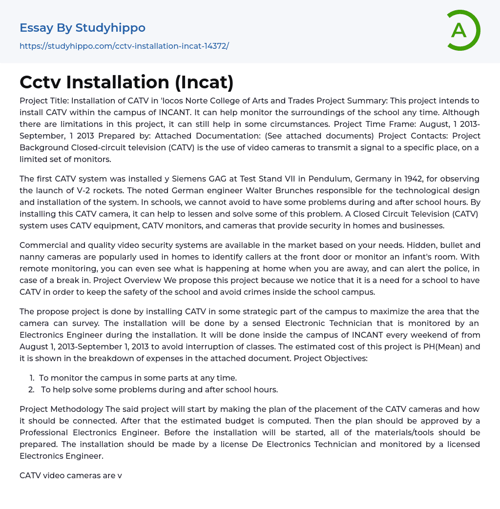 Cctv Installation (Incat) Essay Example