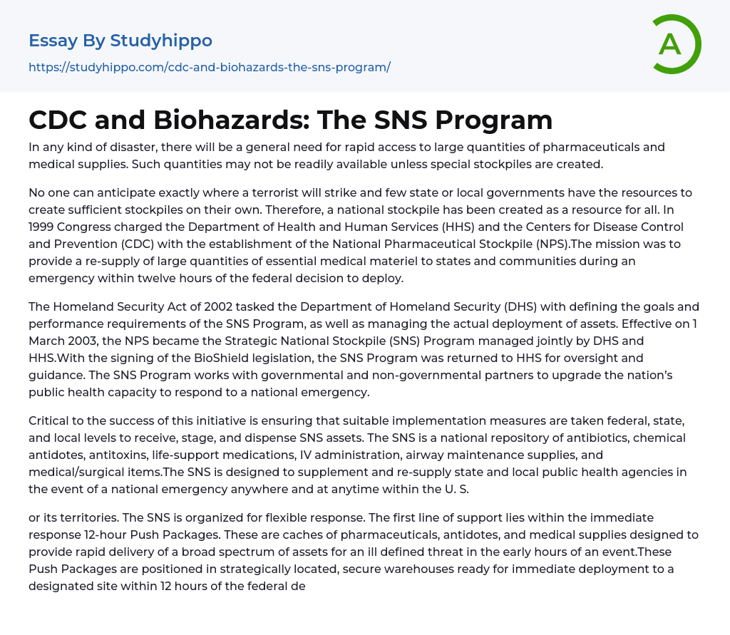 CDC and Biohazards: The SNS Program Essay Example