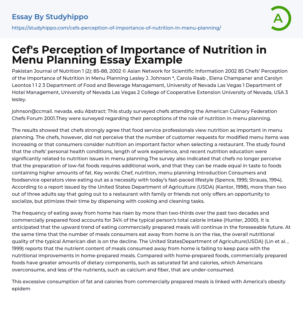 Cef’s Perception of Importance of Nutrition in Menu Planning Essay Example