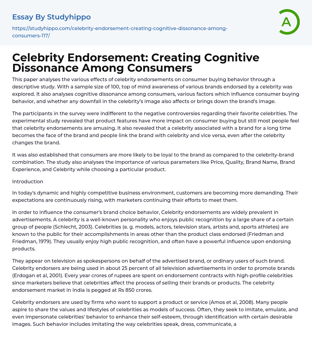 Celebrity Endorsement: Creating Cognitive Dissonance Among Consumers Essay Example