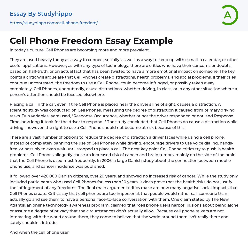 Cell Phone Freedom Essay Example