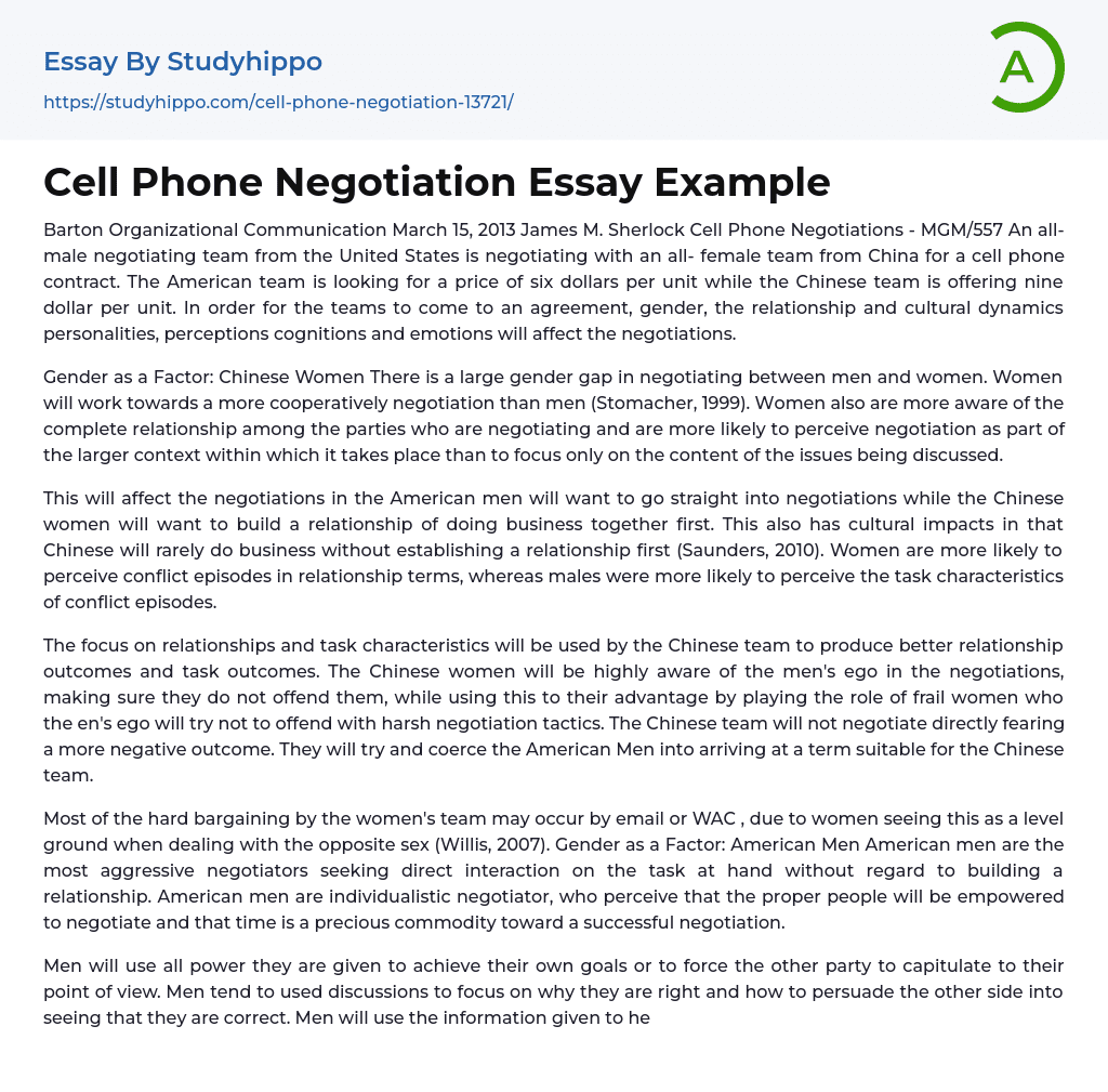 Cell Phone Negotiation Essay Example