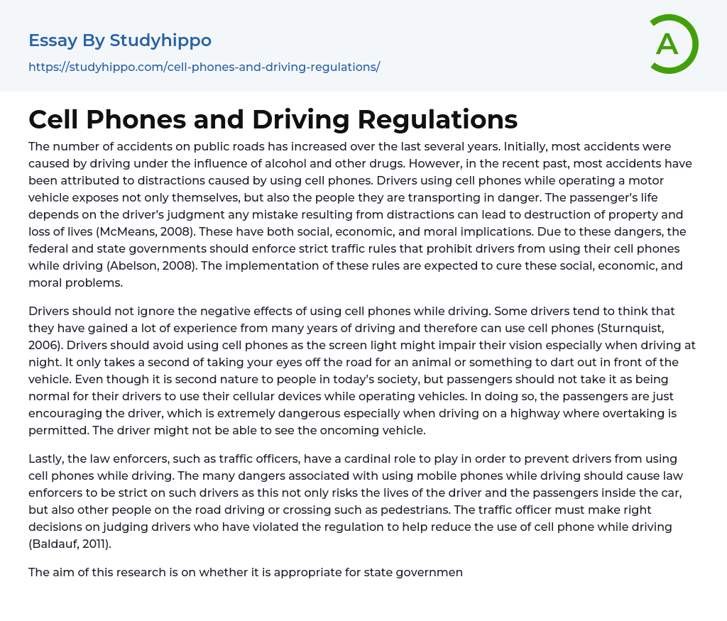 Cell Phones and Driving Regulations Essay Example