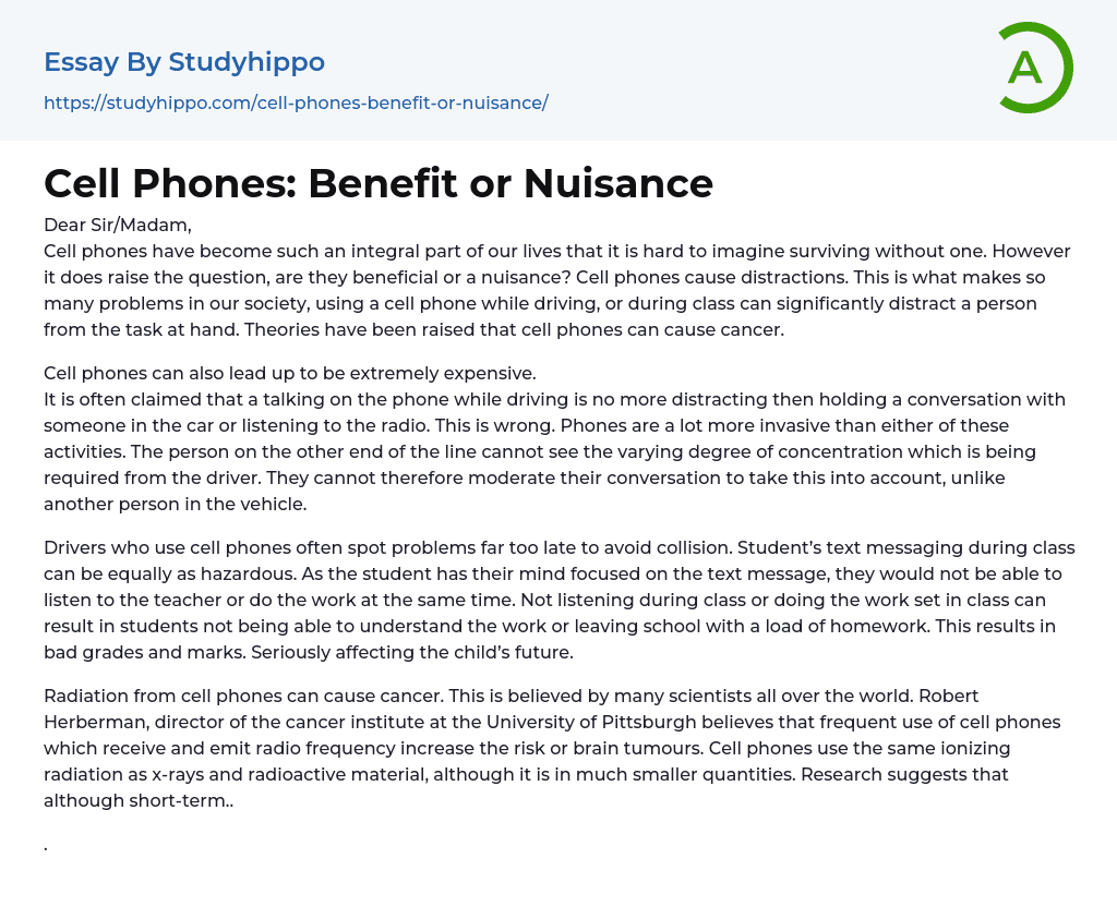 Cell Phones: Benefit or Nuisance Essay Example