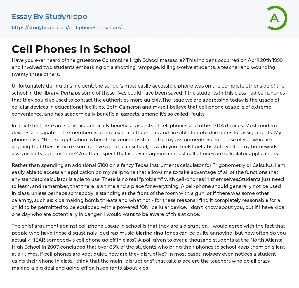 Cell Phones In School Essay Example