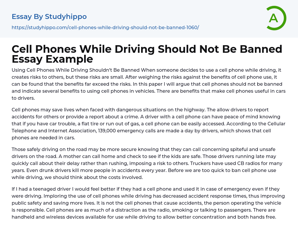 Cell Phones While Driving Should Not Be Banned Essay Example
