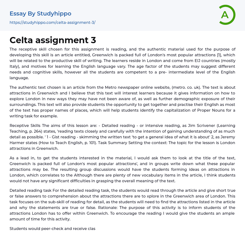 Celta assignment 3 Essay Example