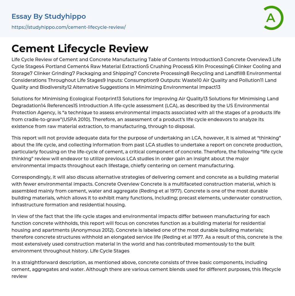 Cement Lifecycle Review Essay Example