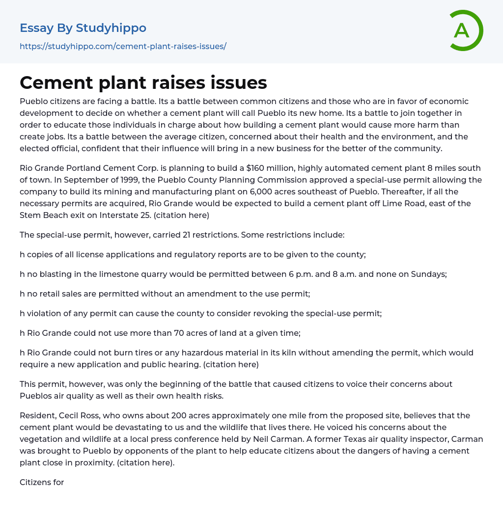 Cement plant raises issues Essay Example