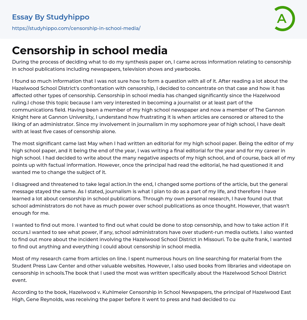 Censorship in school media Essay Example