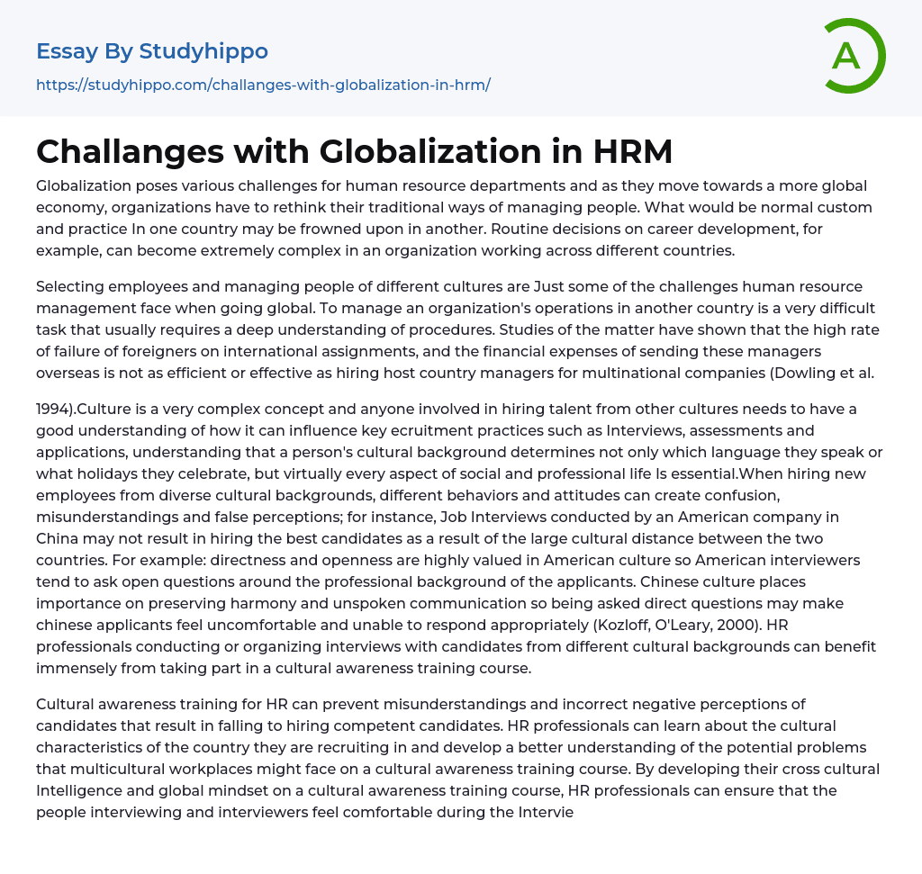 Challanges with Globalization in HRM Essay Example