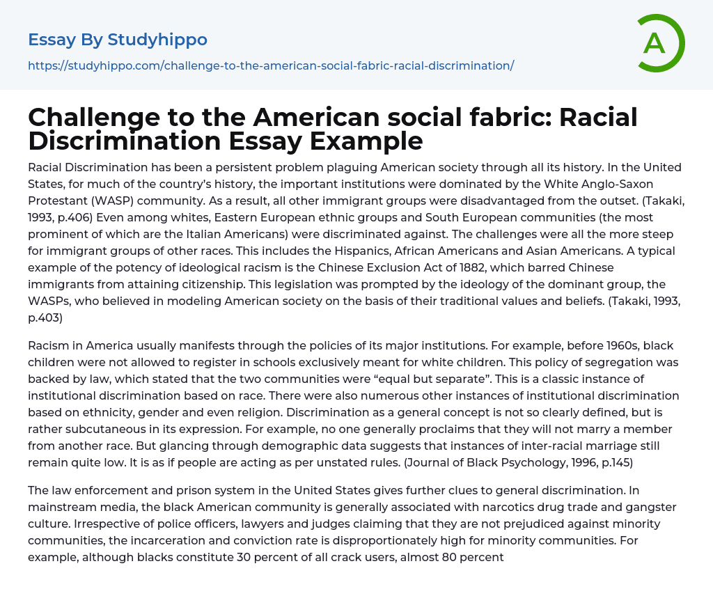 Challenge to the American social fabric: Racial Discrimination Essay Example