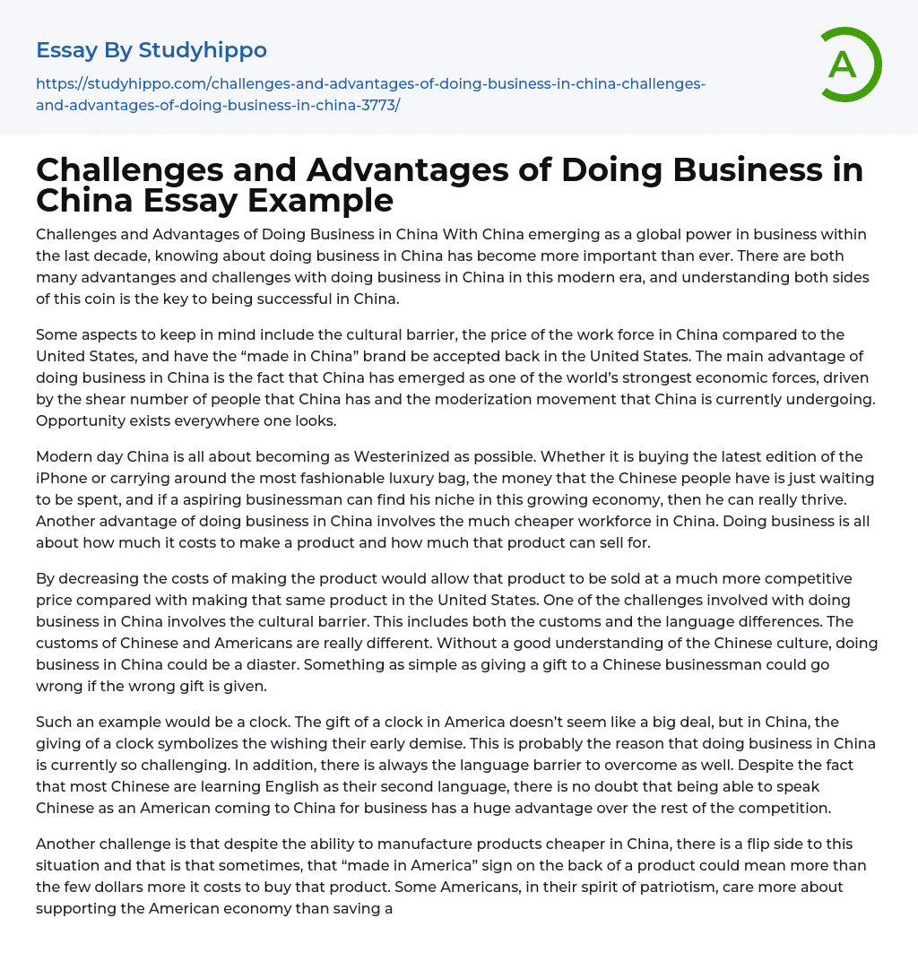 Challenges and Advantages of Doing Business in China Essay Example